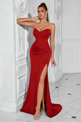 Rotes Korsett Satin Meerjungfrau Langes Ballkleid mit Schlitz
